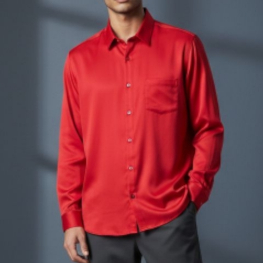 Zeroyaa Mens XL Red Dress Shirt Long Sleeve Satin Button Down Collar Holiday